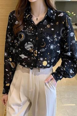 Y2K Retro Galaxy Chiffon Shirt - Perfect for 90s and Y2K Summer Outfits