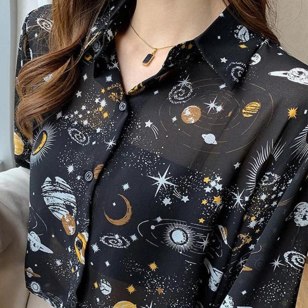 Y2K Retro Galaxy Chiffon Shirt - Perfect for 90s and Y2K Summer Outfits Y2K Retro Galaxy Chiffon Shirt - Perfect for 90s and Y2K Summer Outfits