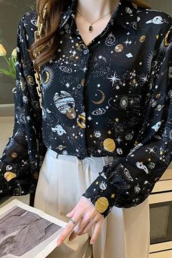 Y2K Retro Galaxy Chiffon Shirt - Perfect for 90s and Y2K Summer Outfits