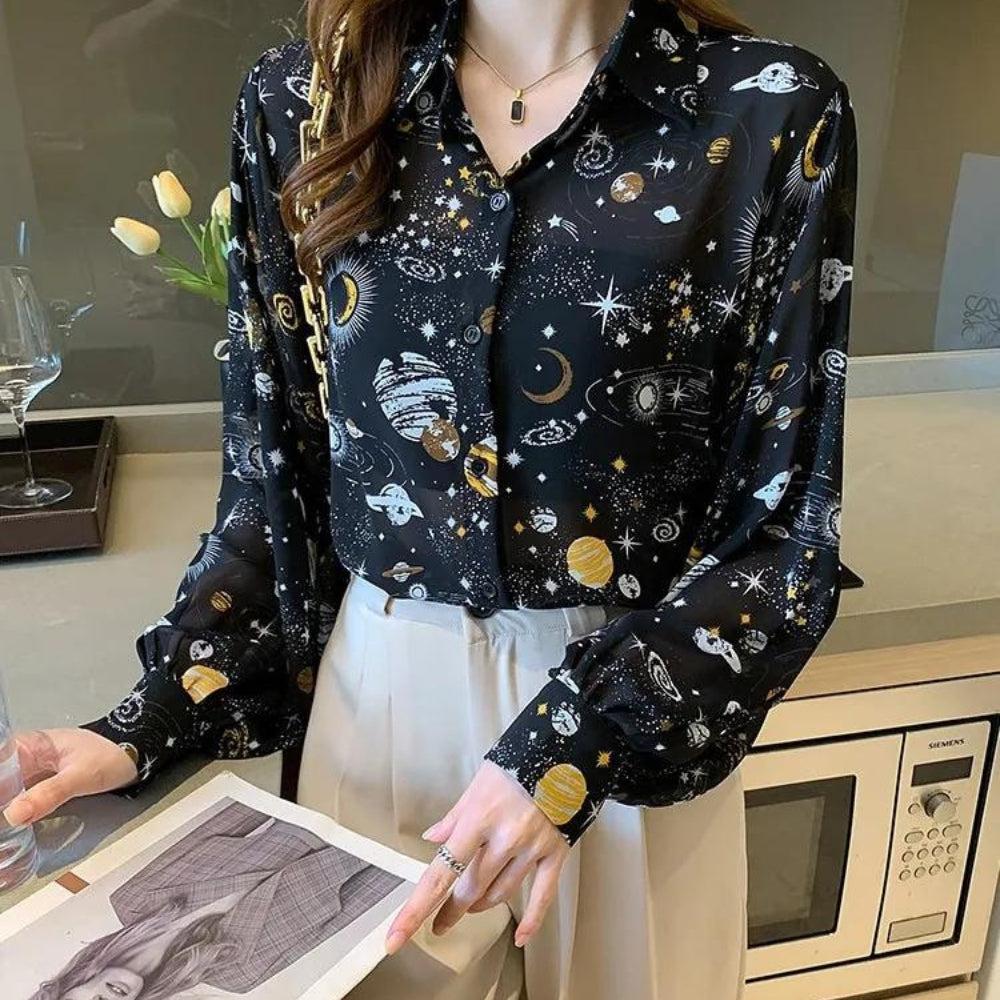 Y2K Retro Galaxy Chiffon Shirt - Perfect for 90s and Y2K Summer Outfits Y2K Retro Galaxy Chiffon Shirt - Perfect for 90s and Y2K Summer Outfits