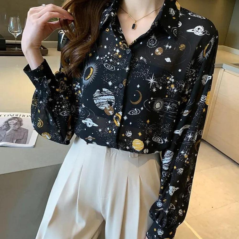 Y2K Retro Galaxy Chiffon Shirt - Perfect for 90s and Y2K Summer Outfits Y2K Retro Galaxy Chiffon Shirt - Perfect for 90s and Y2K Summer Outfits