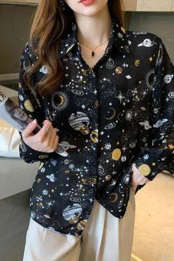 Y2K Retro Galaxy Chiffon Shirt - Perfect for 90s and Y2K Summer Outfits