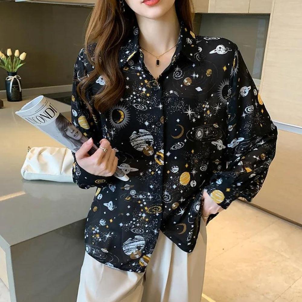 Y2K Retro Galaxy Chiffon Shirt - Perfect for 90s and Y2K Summer Outfits Y2K Retro Galaxy Chiffon Shirt - Perfect for 90s and Y2K Summer Outfits