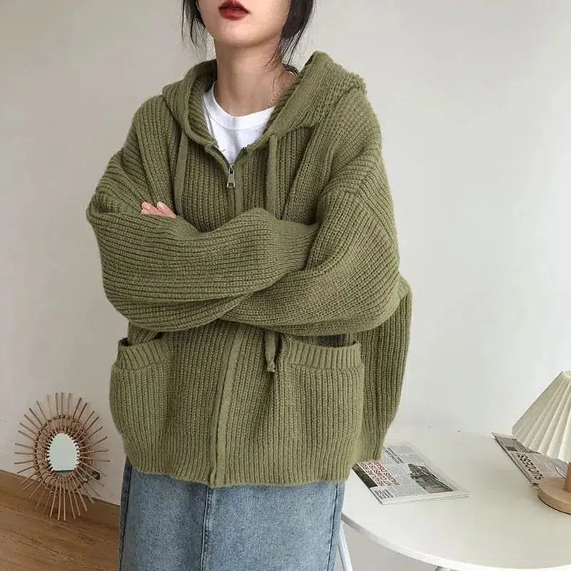 Y2K Retro Oversized Knitted Hooded Cardigan - Perfect for Grunge and 90s Fashion Outfits Y2K Retro Oversized Knitted Hooded Cardigan - Perfect for Grunge and 90s Fashion Outfits