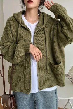 Y2K Retro Oversized Knitted Hooded Cardigan - Perfect for Grunge and 90s Fashion Outfits