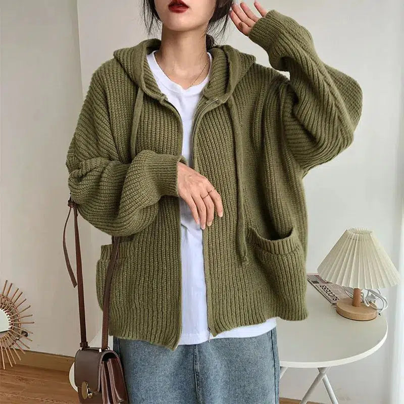 Y2K Retro Oversized Knitted Hooded Cardigan - Perfect for Grunge and 90s Fashion Outfits Y2K Retro Oversized Knitted Hooded Cardigan - Perfect for Grunge and 90s Fashion Outfits