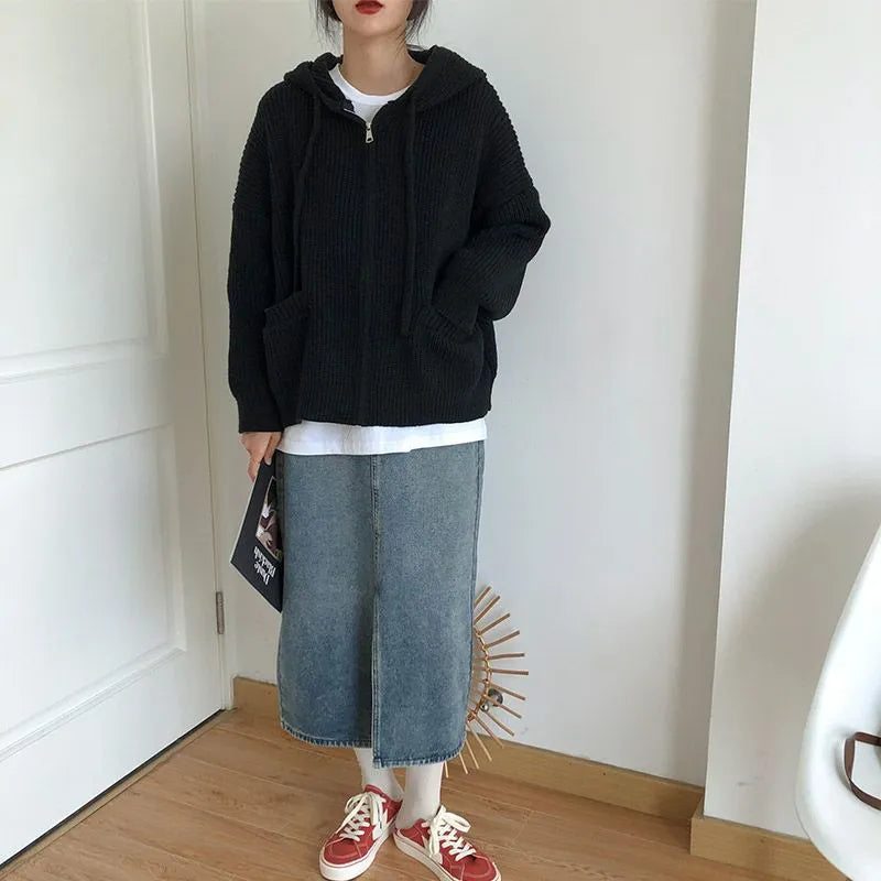 Y2K Retro Oversized Knitted Hooded Cardigan - Perfect for Grunge and 90s Fashion Outfits Y2K Retro Oversized Knitted Hooded Cardigan - Perfect for Grunge and 90s Fashion Outfits