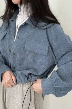 Y2K Retro Puff Sleeved Corduroy Crop Shirt - Perfect for 90s and Grunge Outfits