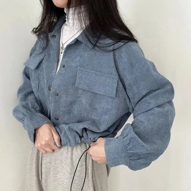 Y2K Retro Puff Sleeved Corduroy Crop Shirt - Perfect for 90s and Grunge Outfits Y2K Retro Puff Sleeved Corduroy Crop Shirt - Perfect for 90s and Grunge Outfits