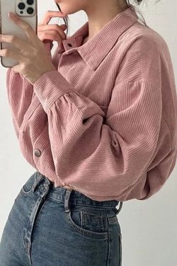 Y2K Retro Puff Sleeved Corduroy Crop Shirt - Perfect for 90s and Grunge Outfits