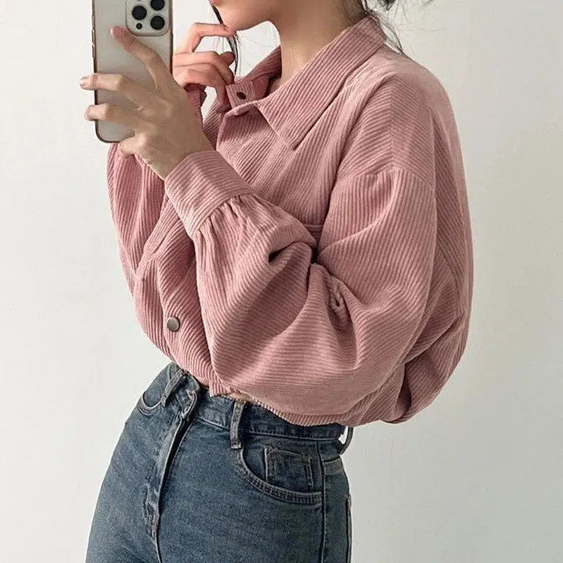 Y2K Retro Puff Sleeved Corduroy Crop Shirt - Perfect for 90s and Grunge Outfits Y2K Retro Puff Sleeved Corduroy Crop Shirt - Perfect for 90s and Grunge Outfits