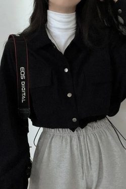 Y2K Retro Puff Sleeved Corduroy Crop Shirt - Perfect for 90s and Grunge Outfits