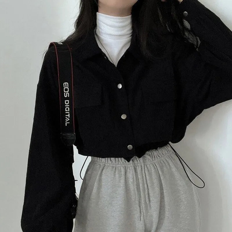 Y2K Retro Puff Sleeved Corduroy Crop Shirt - Perfect for 90s and Grunge Outfits Y2K Retro Puff Sleeved Corduroy Crop Shirt - Perfect for 90s and Grunge Outfits