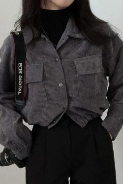 Y2K Retro Puff Sleeved Corduroy Crop Shirt - Perfect for 90s and Grunge Outfits