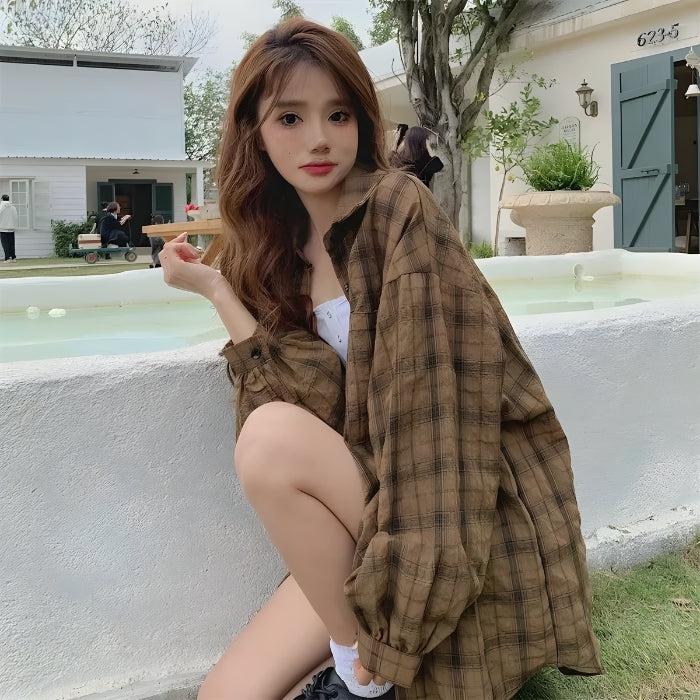 Y2K Retro Puff Sleeved Plaid Shirt - Perfect for 90s and Grunge Outfits