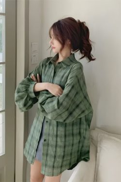 Y2K Retro Puff Sleeved Plaid Shirt - Perfect for 90s and Grunge Outfits