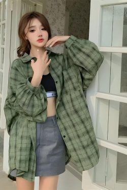Y2K Retro Puff Sleeved Plaid Shirt - Perfect for 90s and Grunge Outfits