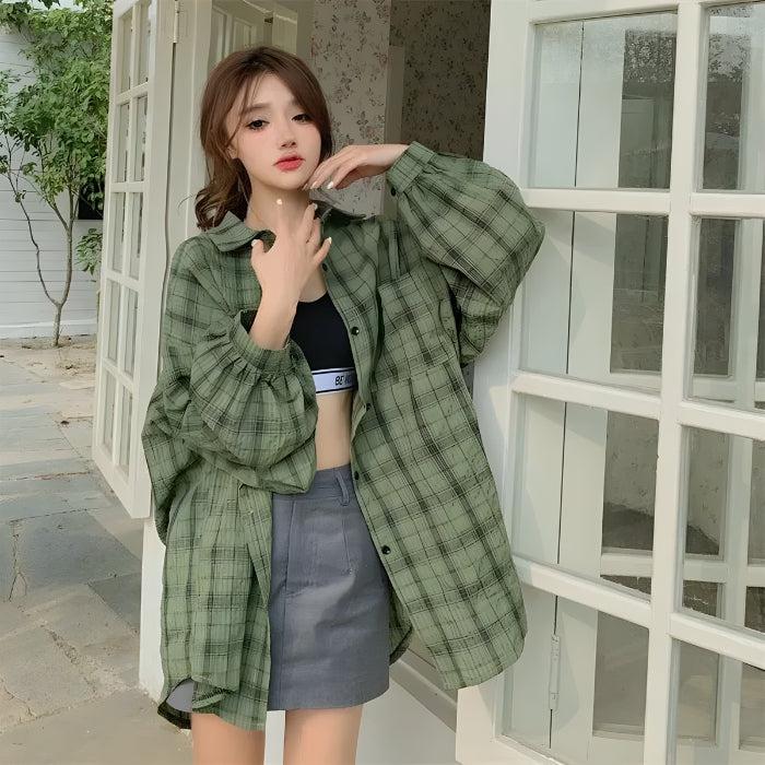 Y2K Retro Puff Sleeved Plaid Shirt - Perfect for 90s and Grunge Outfits