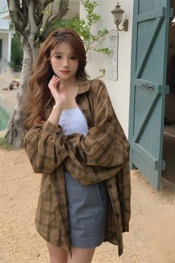 Y2K Retro Puff Sleeved Plaid Shirt - Perfect for 90s and Grunge Outfits