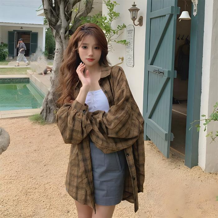 Y2K Retro Puff Sleeved Plaid Shirt - Perfect for 90s and Grunge Outfits