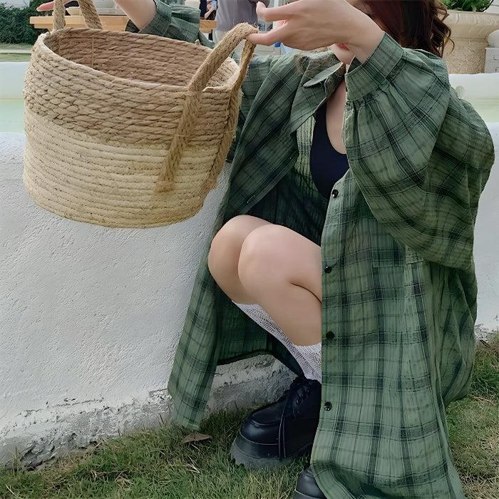 Y2K Retro Puff Sleeved Plaid Shirt - Perfect for 90s and Grunge Outfits