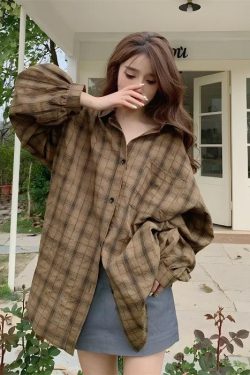 Y2K Retro Puff Sleeved Plaid Shirt - Perfect for 90s and Grunge Outfits