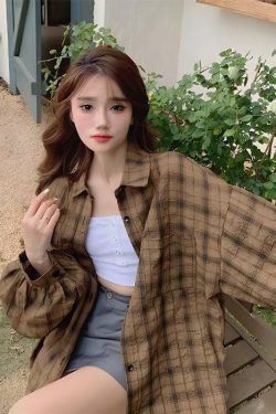 Y2K Retro Puff Sleeved Plaid Shirt - Perfect for 90s and Grunge Outfits