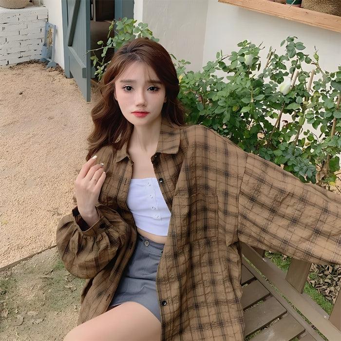 Y2K Retro Puff Sleeved Plaid Shirt - Perfect for 90s and Grunge Outfits