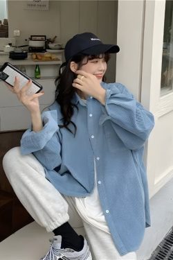 Y2K Retro Smiley Embroidered Corduroy Shirt - Perfect for 90s and Y2K Fashion Outfits