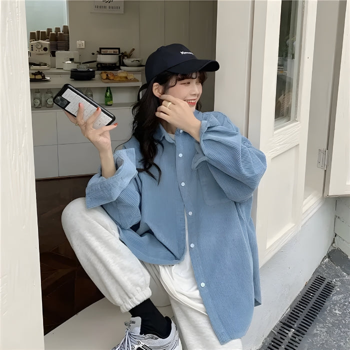 Y2K Retro Smiley Embroidered Corduroy Shirt - Perfect for 90s and Y2K Fashion Outfits