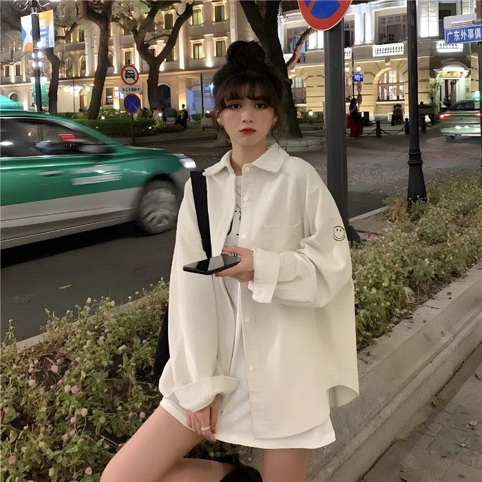 Y2K Retro Smiley Embroidered Corduroy Shirt - Perfect for 90s and Y2K Fashion Outfits