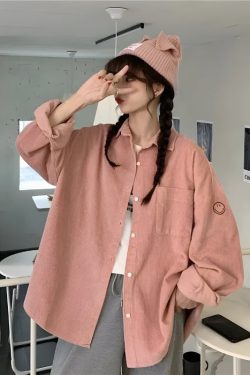 Y2K Retro Smiley Embroidered Corduroy Shirt - Perfect for 90s and Y2K Fashion Outfits