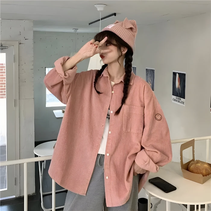 Y2K Retro Smiley Embroidered Corduroy Shirt - Perfect for 90s and Y2K Fashion Outfits