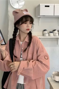 Y2K Retro Smiley Embroidered Corduroy Shirt - Perfect for 90s and Y2K Fashion Outfits