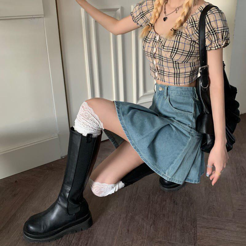 Y2K Retro Soft Girl Pleated Denim Mini Skirt - Perfect for 90s and Y2K Summer Outfits