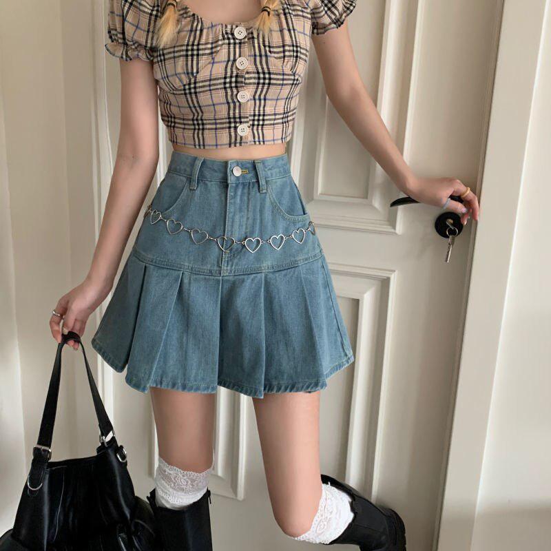 Y2K Retro Soft Girl Pleated Denim Mini Skirt - Perfect for 90s and Y2K Summer Outfits