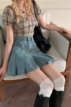 Y2K Retro Soft Girl Pleated Denim Mini Skirt - Perfect for 90s and Y2K Summer Outfits