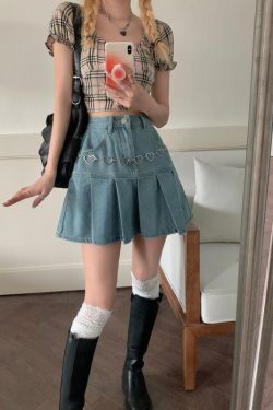 Y2K Retro Soft Girl Pleated Denim Mini Skirt - Perfect for 90s and Y2K Summer Outfits
