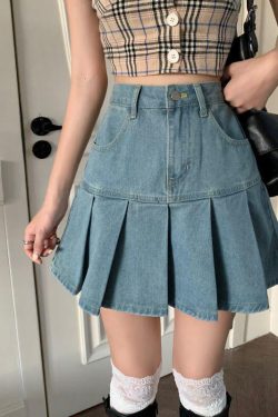 Y2K Retro Soft Girl Pleated Denim Mini Skirt - Perfect for 90s and Y2K Summer Outfits