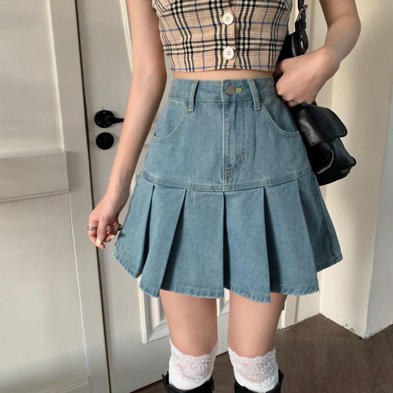 Y2K Retro Soft Girl Pleated Denim Mini Skirt - Perfect for 90s and Y2K Summer Outfits