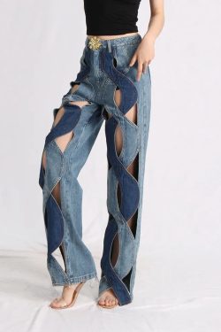 Y2K Retro Style Cut Out Denim Jeans - Perfect for 90s and Grunge Outfits