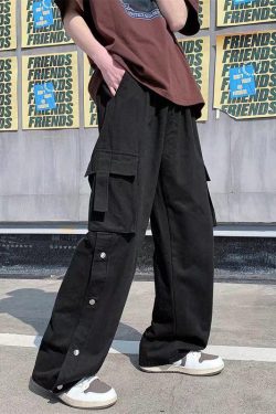 Y2K Retro Style Elastic Waist Wide Leg Cargo Pants - Perfect for 90s and Grunge Outfits