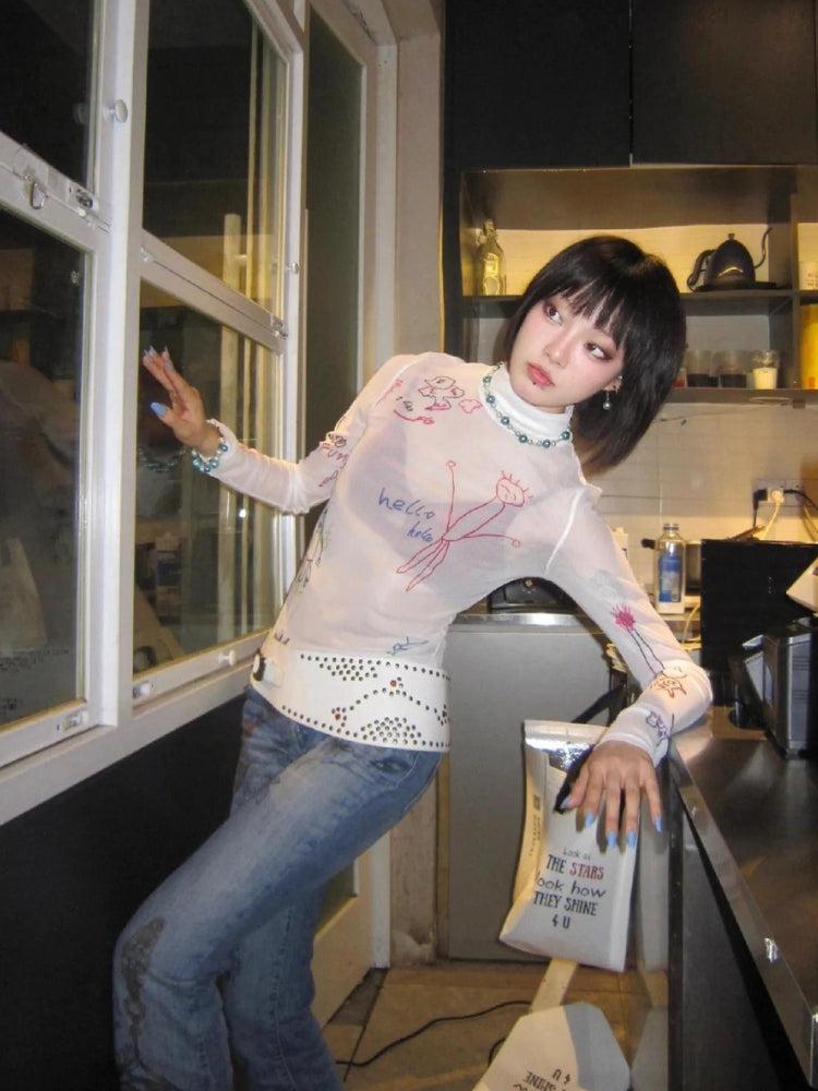 Y2K Retro Style Kid's Art Mesh Top - Perfect for 90s and Y2K Summer Outfits