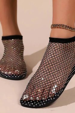 Y2K Rhinestone Fishnet Ballerina Flats - Retro Style Y2K Shoes for Trendy Outfits