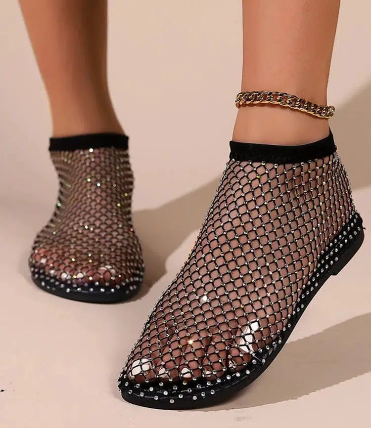 Y2K Rhinestone Fishnet Ballerina Flats - Retro Style Y2K Shoes for Trendy Outfits Y2K Rhinestone Fishnet Ballerina Flats - Retro Style Y2K Shoes for Trendy Outfits