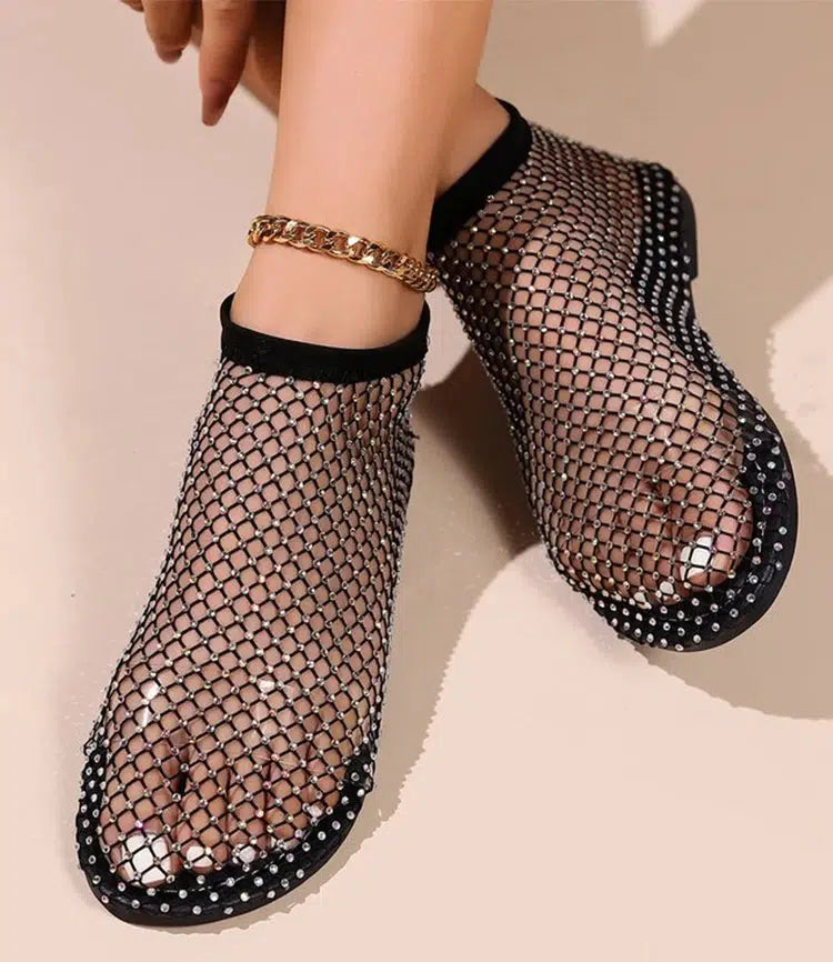 Y2K Rhinestone Fishnet Ballerina Flats - Retro Style Y2K Shoes for Trendy Outfits Y2K Rhinestone Fishnet Ballerina Flats - Retro Style Y2K Shoes for Trendy Outfits