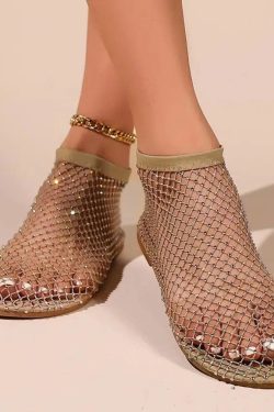 Y2K Rhinestone Fishnet Ballerina Flats - Retro Style Y2K Shoes for Trendy Outfits