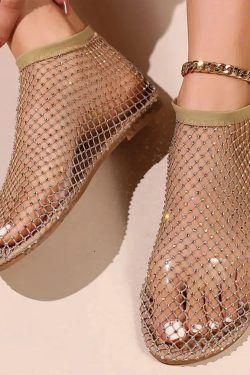 Y2K Rhinestone Fishnet Ballerina Flats - Retro Style Y2K Shoes for Trendy Outfits
