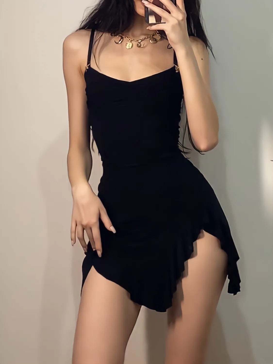 Y2K Ruffled Slit Bodycon Mini Dress - Retro Style Douyin Dress for Summer Y2K Ruffled Slit Bodycon Mini Dress - Retro Style Douyin Dress for Summer