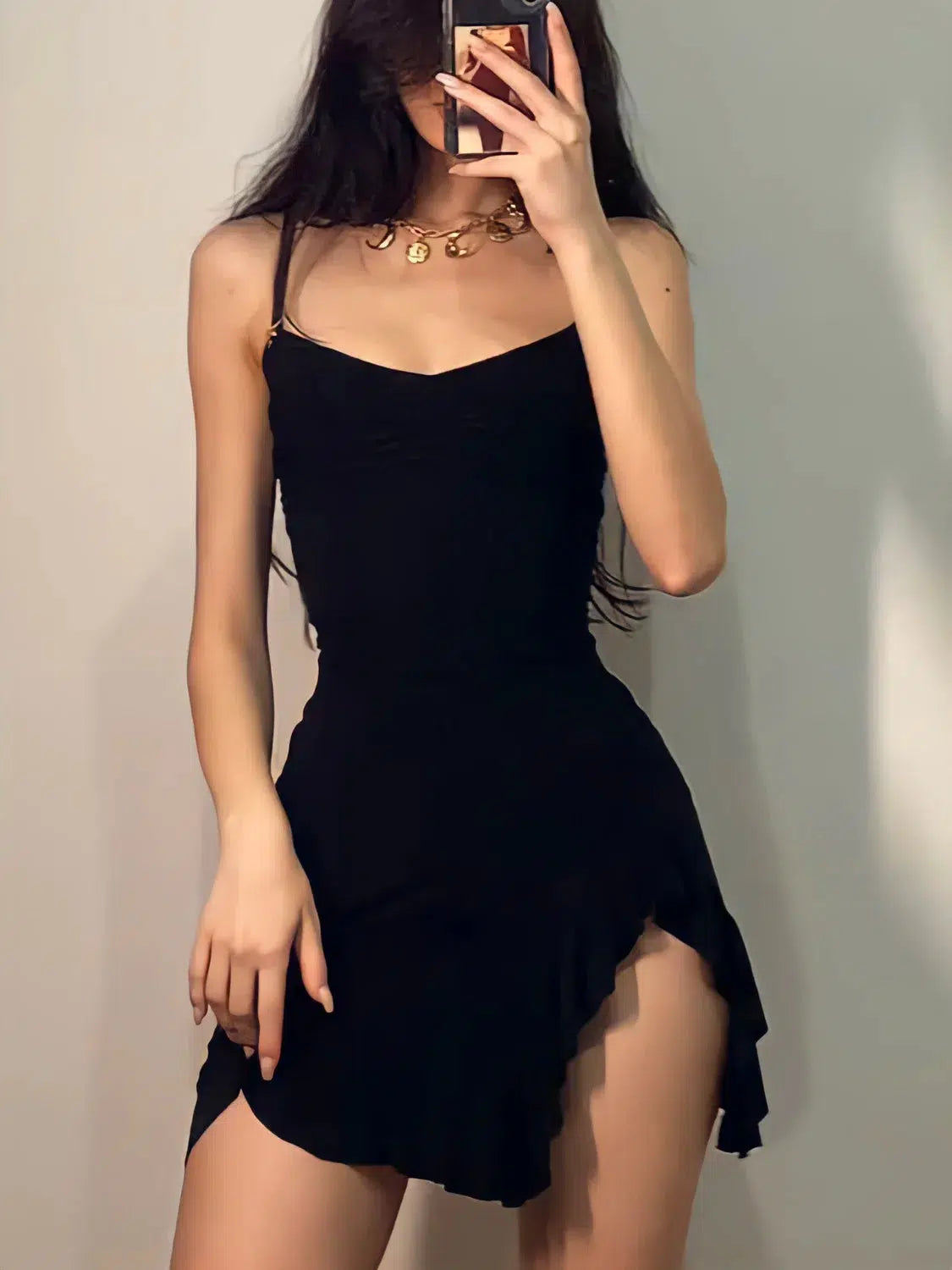 Y2K Ruffled Slit Bodycon Mini Dress - Retro Style Douyin Dress for Summer Y2K Ruffled Slit Bodycon Mini Dress - Retro Style Douyin Dress for Summer